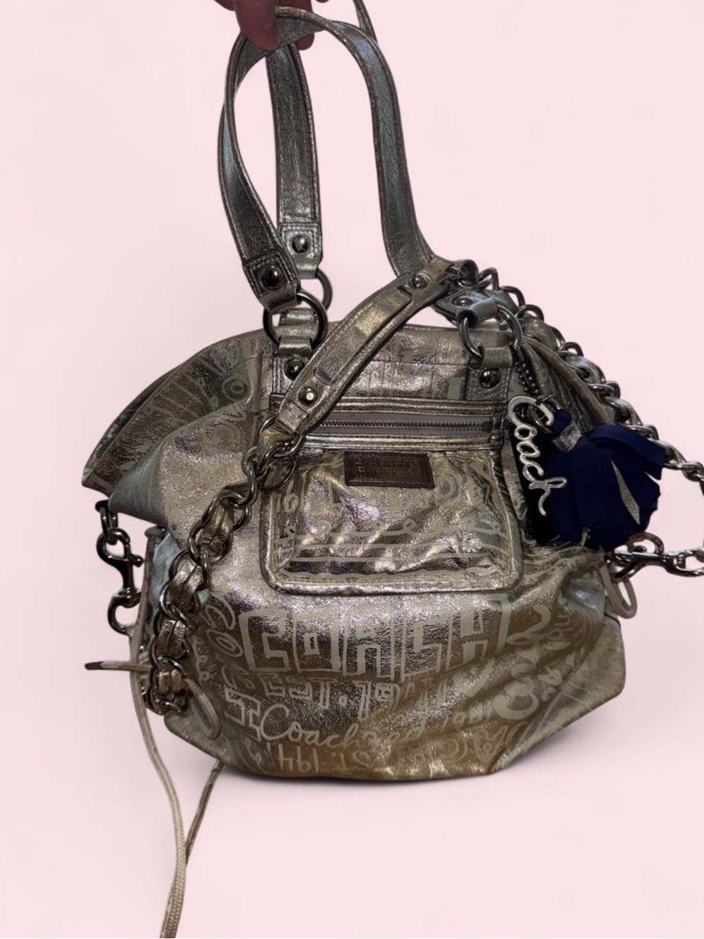 Coach Poppy Metallic Silver Graffiti Satchel Crossbody Bag ✨